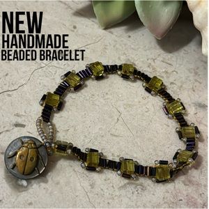 New Handmade Beaded Bracelet-Vintage Button  Detail-Iridescent and Citron Color